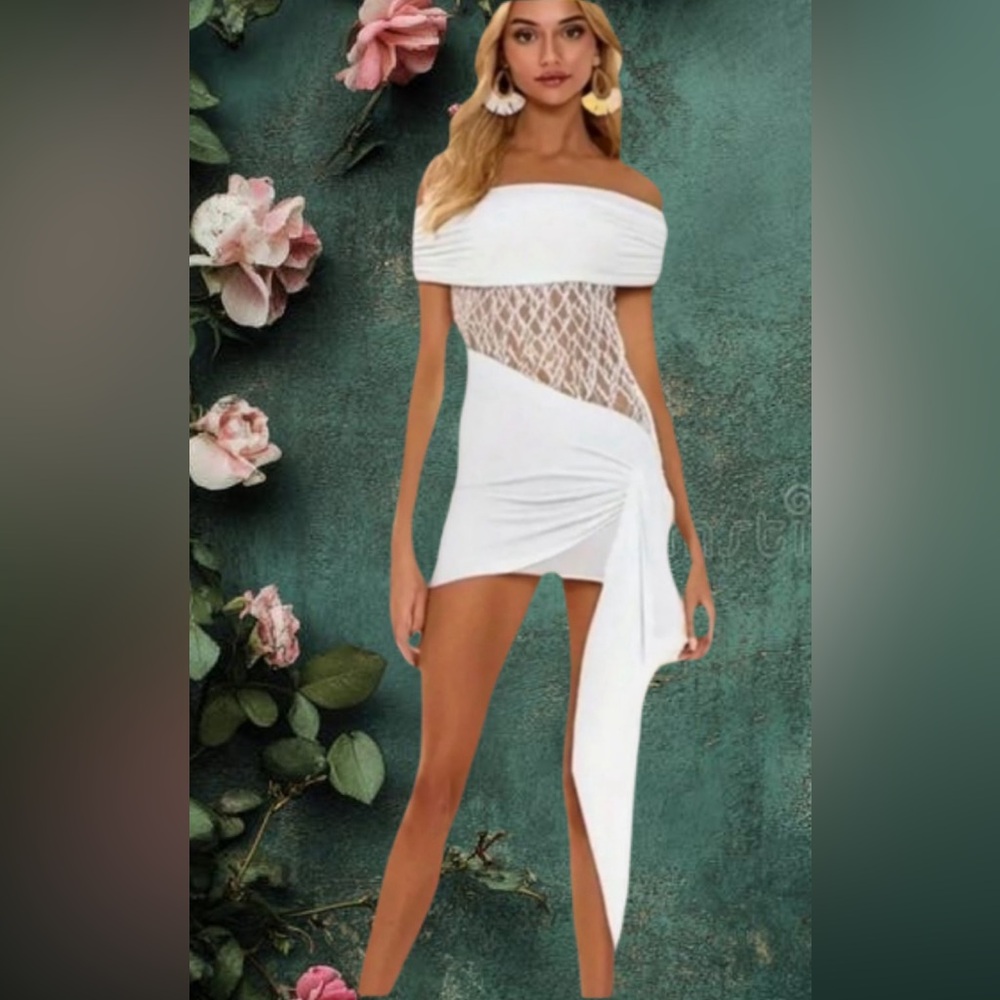 Off-Shoulder White Lace Inset Mini Dress